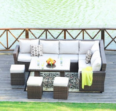 180.96" X 33.54" X 34.71" Brown 8Piece Outdoor Sectional Set with Cushions
