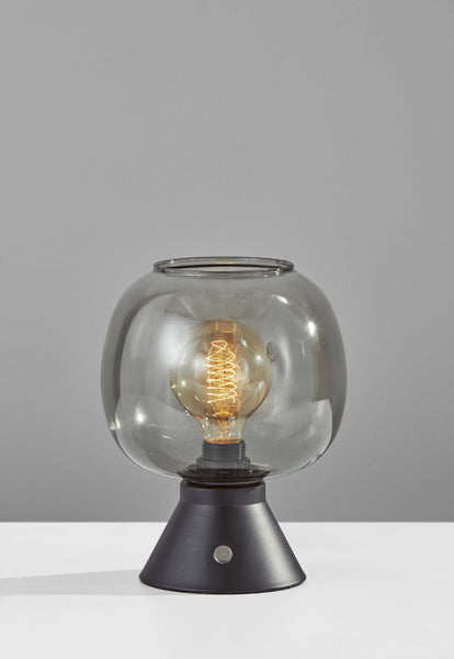 Smoked Glass Globe Shade with Vintage Edison Bulb and Matte Black Metal Table Lamp