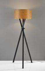 Architectonic Black Wood Tripod Floor Lamp with Rustic Wood Grain Shade