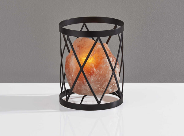Himalayan Salt Table Lamp With Chic Criss Cross Black Metal Cage