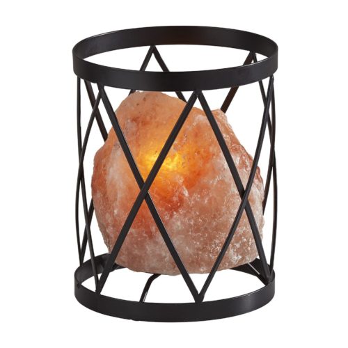 Himalayan Salt Table Lamp With Chic Criss Cross Black Metal Cage