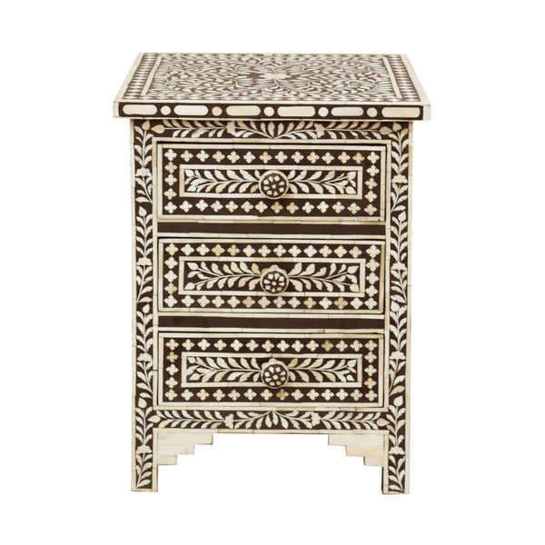 Moroccan Brown and White Bone 3 Drawer Accent Cabinet