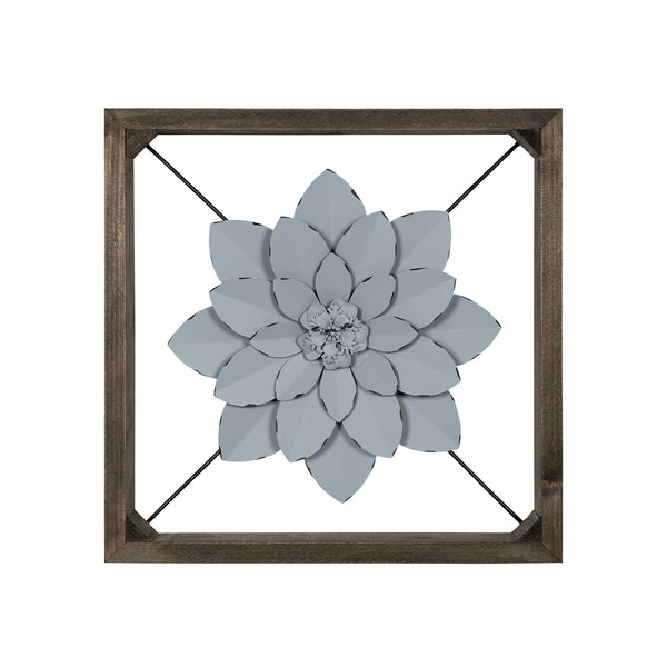 Pale Blue Metal Flower in Walnut Finish Frame