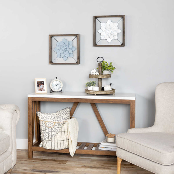 Pale Blue Metal Flower in Walnut Finish Frame