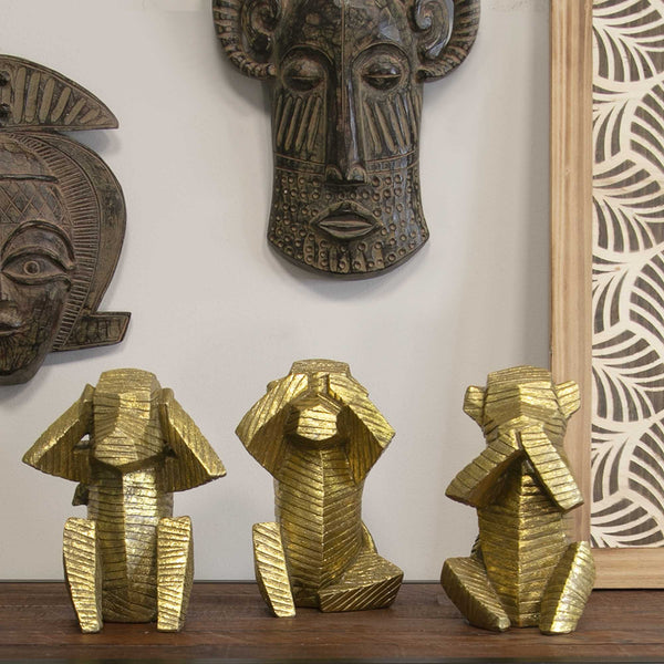 Set of 3 Gold Distressed Wise Monkey Sculptures