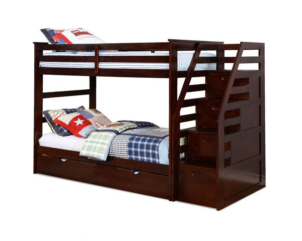 Brown Finish Twin over Twin Staircase Bunk Bed with Trundle and Storage