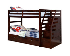 Brown Finish Twin over Twin Staircase Bunk Bed with Trundle and Storage