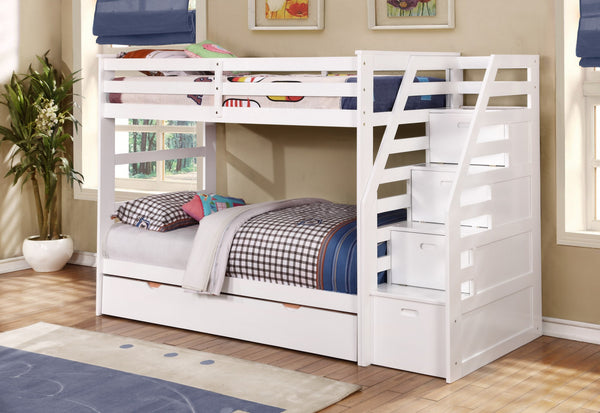 White Finish Twin over Twin Staircase Bunk Bed with Trundle and Storage