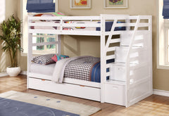 White Finish Twin over Twin Staircase Bunk Bed with Trundle and Storage