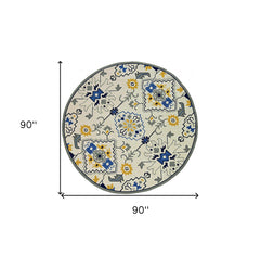 8' Ivory Hand Woven UV Treated Geometric Traditional Round Indoor Outdoor Area Rug