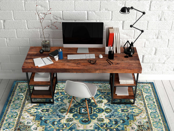 9' x 13' Teal Floral Medallion Bordered Indoor Area Rug