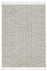 8' Ivory Grey Machine Woven Geometric With Fringe Indoor Runner Rug