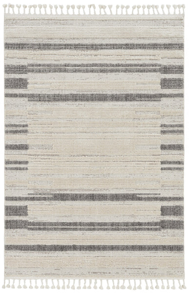 8' Ivory Grey Machine Woven Abstract Lines With Fringe Indoor Runner Rug