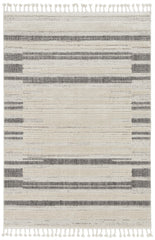 8' Ivory Grey Machine Woven Abstract Lines With Fringe Indoor Runner Rug