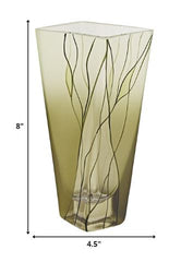 8 Mouth Blown European Made Green Glass Hand Decorated Squarish Vase