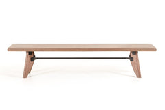 Modern Walnut Finish Dining Bench with Silky Black Metal Support Bar