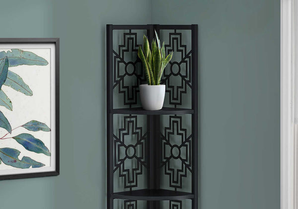 62" Bookcase with 4 Solid Black Shelves and Black Metal Corner Etagere