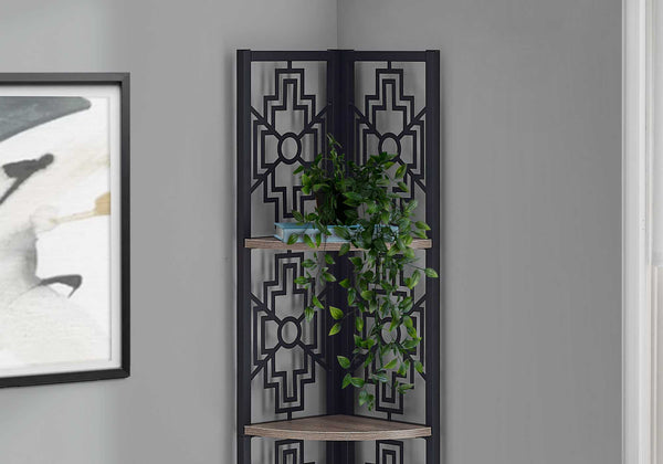 62" Bookcase with 4 Solid Taupe Shelves and Black Metal Corner Etagere