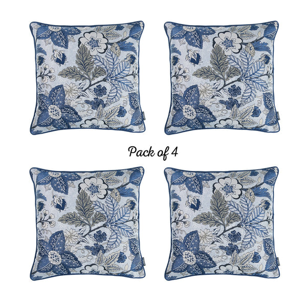 Set of 4 Square Blue and Beige Floral Pillow Covers