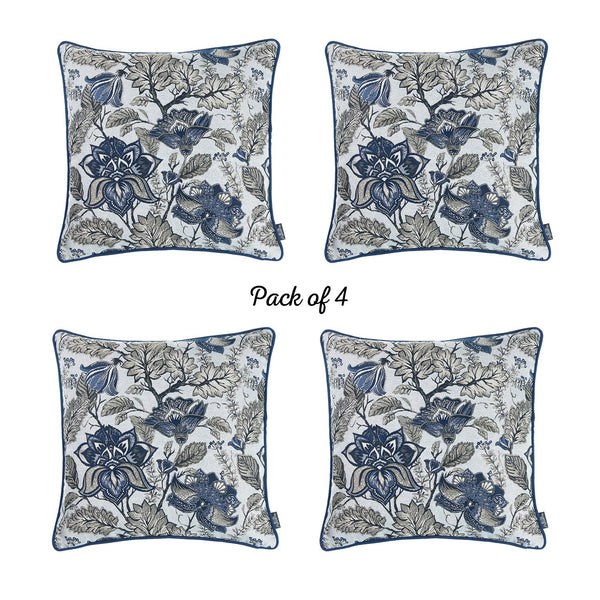 Set of 4 Square Blue and Beige Iris Throw Pillow Covers