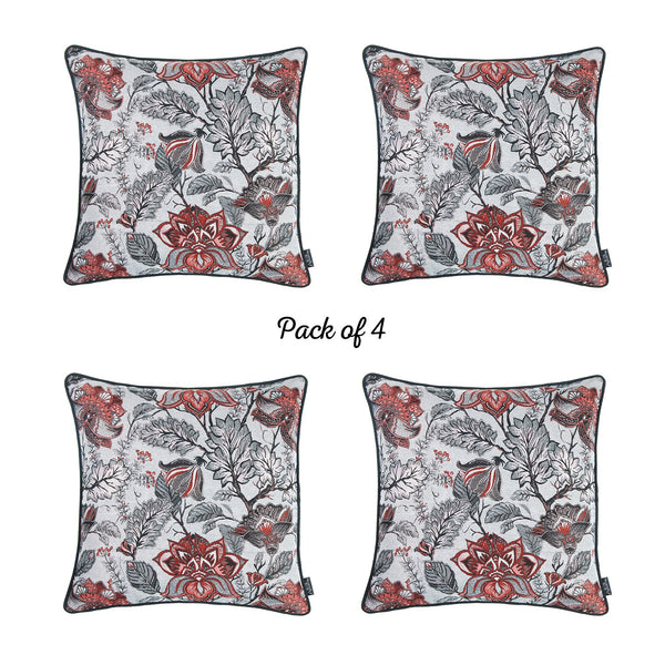 Set of 4 Square Red and Beige Floral Throw Pillow Covers