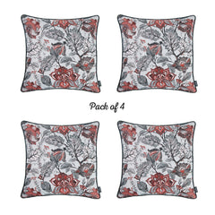 Set of 4 Square Red and Beige Floral Throw Pillow Covers