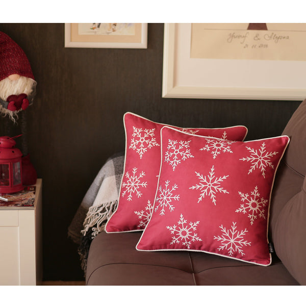 Set of Four Red 18" Christmas Snowflakes Throw Pillow Covers