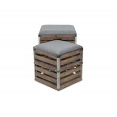 Set of 2 Square Gray Linen Fabric and Wood Slats Storage Benches