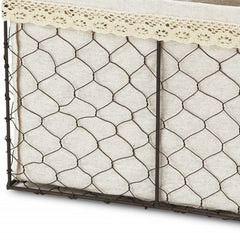 Set of 3 Brown Linen Fabric and Line Metal Organizers