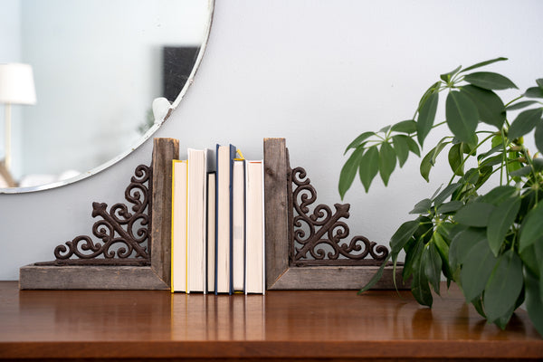 Set of Two Natural Weathered Gray Wood and Metal Corbels.