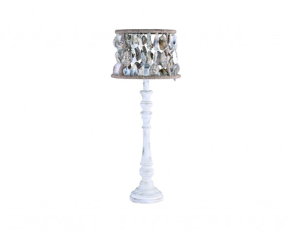 Distressed White Washed Wood Finish Table Lamp with Oyster Shells Shade