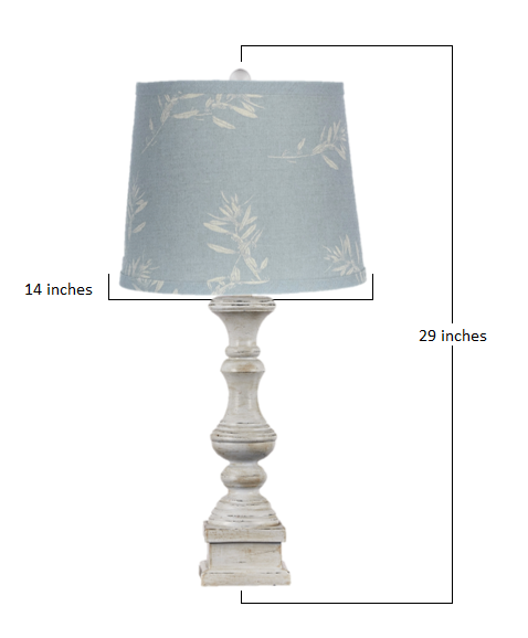 Distressed Whitewash Pale Blue Botanical Shade Table Lamp.