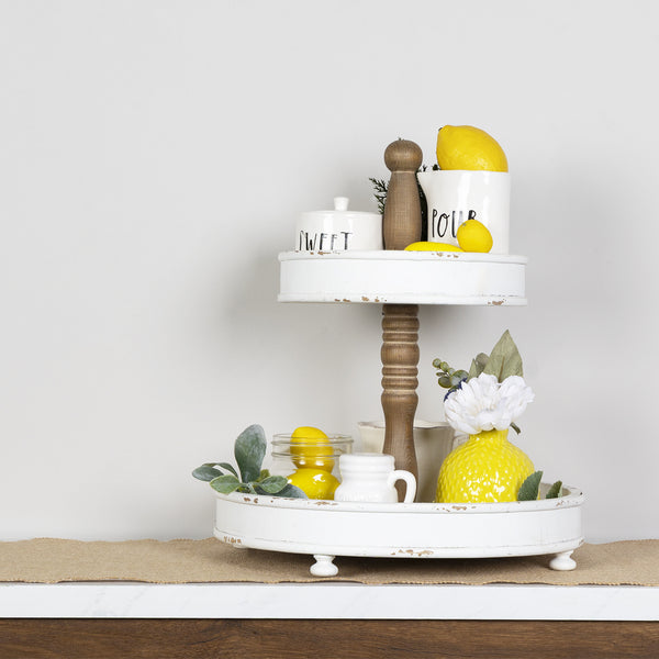 White 2 Tier Round Wooden Tray