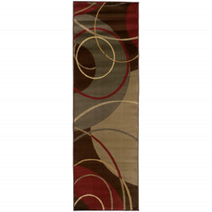 3'x8' Brown and Red Abstract  Runner Area Rug