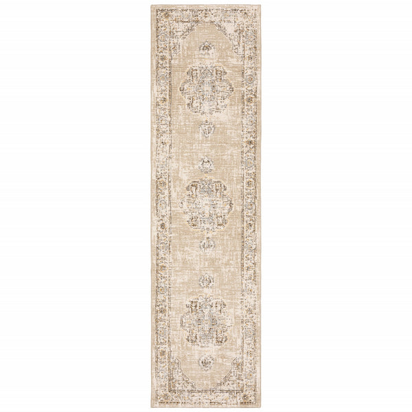 2'x8' Beige and Ivory Center Jewel Runner Rug