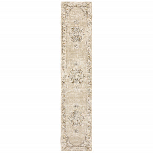 3'x12' Beige and Ivory Center Jewel Runner Rug