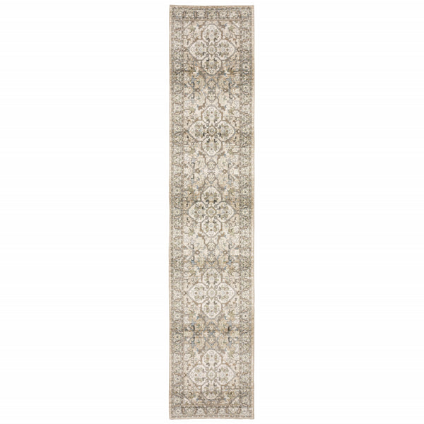 3'x12' Beige and Ivory Medallion Runner Rug