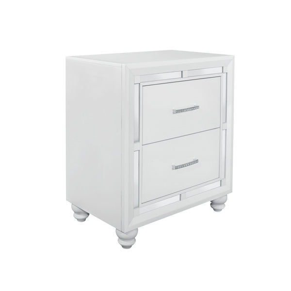 White Tone Nightstand with 2 Drawer  Mirror Trim Accent