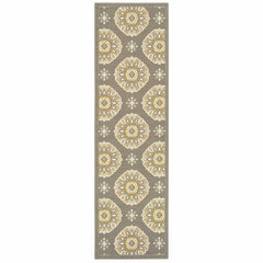 8' Grey Gold Floral Medallion Discs Indoor Outdoor Area Rug Runner Rug