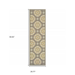 8' Grey Gold Floral Medallion Discs Indoor Outdoor Area Rug Runner Rug