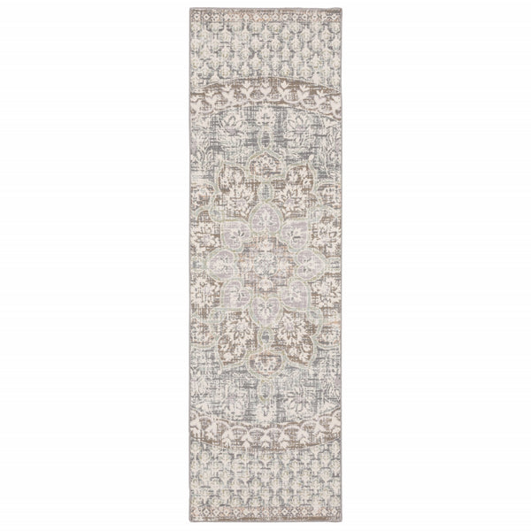 7' Ivory Grey Distressed Oversize Medallion Indoor Runner Rug