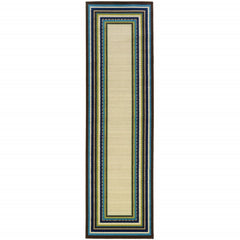 8' Ivory Mediterranean Blue and Lime Border Indoor Outdoor Runner Rug