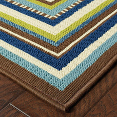 8' Ivory Mediterranean Blue and Lime Border Indoor Outdoor Runner Rug