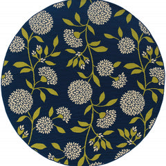 7' Round Indigo and Lime Green Floral Indoor Outdoor Area Rug