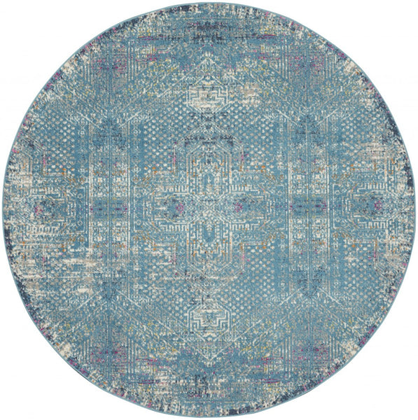 8’ Round Blue Distressed Medallion Area Rug