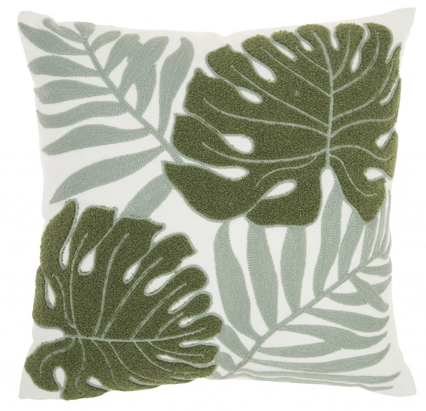 Green and Ivory Tropical Leaves Throw Pillow