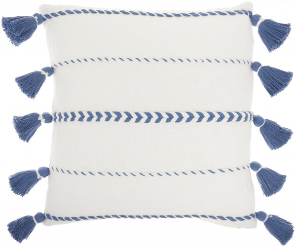 Bohemian White Cotton Accent Pillow with Blue Tassel Details