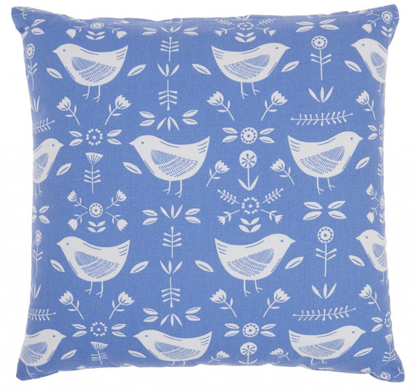 Blue and Ivory Birds and Buds Throw Pillow