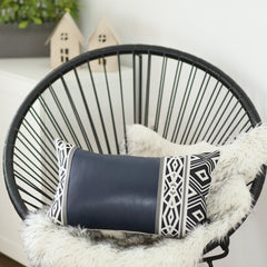 Rectangular Spruce Blue Faux Leather and Geometric Pattern Lumbar Pillow Cover