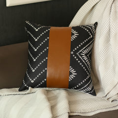 Set of 2 Ikat Styled Patterns and Bright Brown Faux Leather Pillow Covers